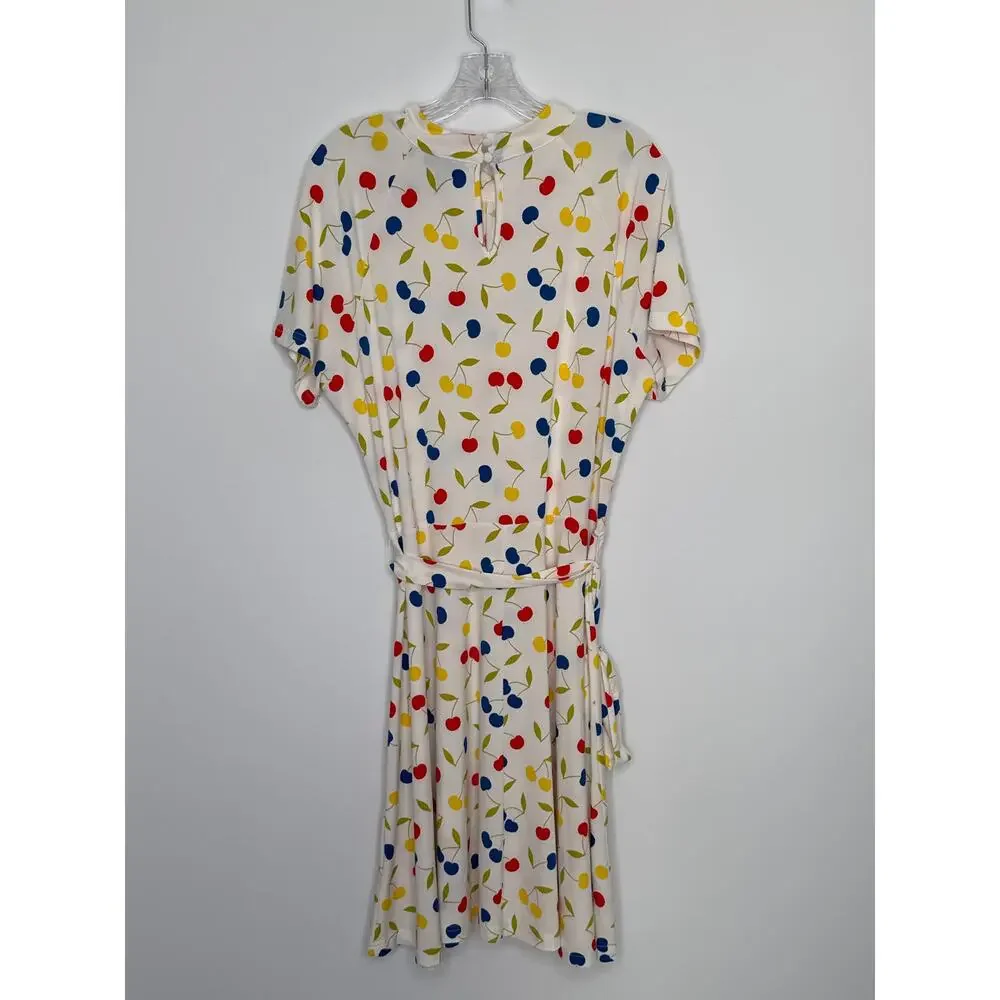 ModCloth Cherry Print retro swing Fit & Flare Dress mock neck & belt XL